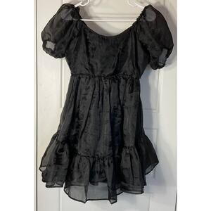 Thorn & Fable Black Organza Tiered Short Sleeve Mini Babydoll Dress SM